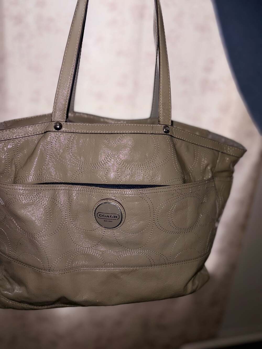 Coach Signature Stitched Patent Leather Tote Olive Green Shoulder Bag F15142
